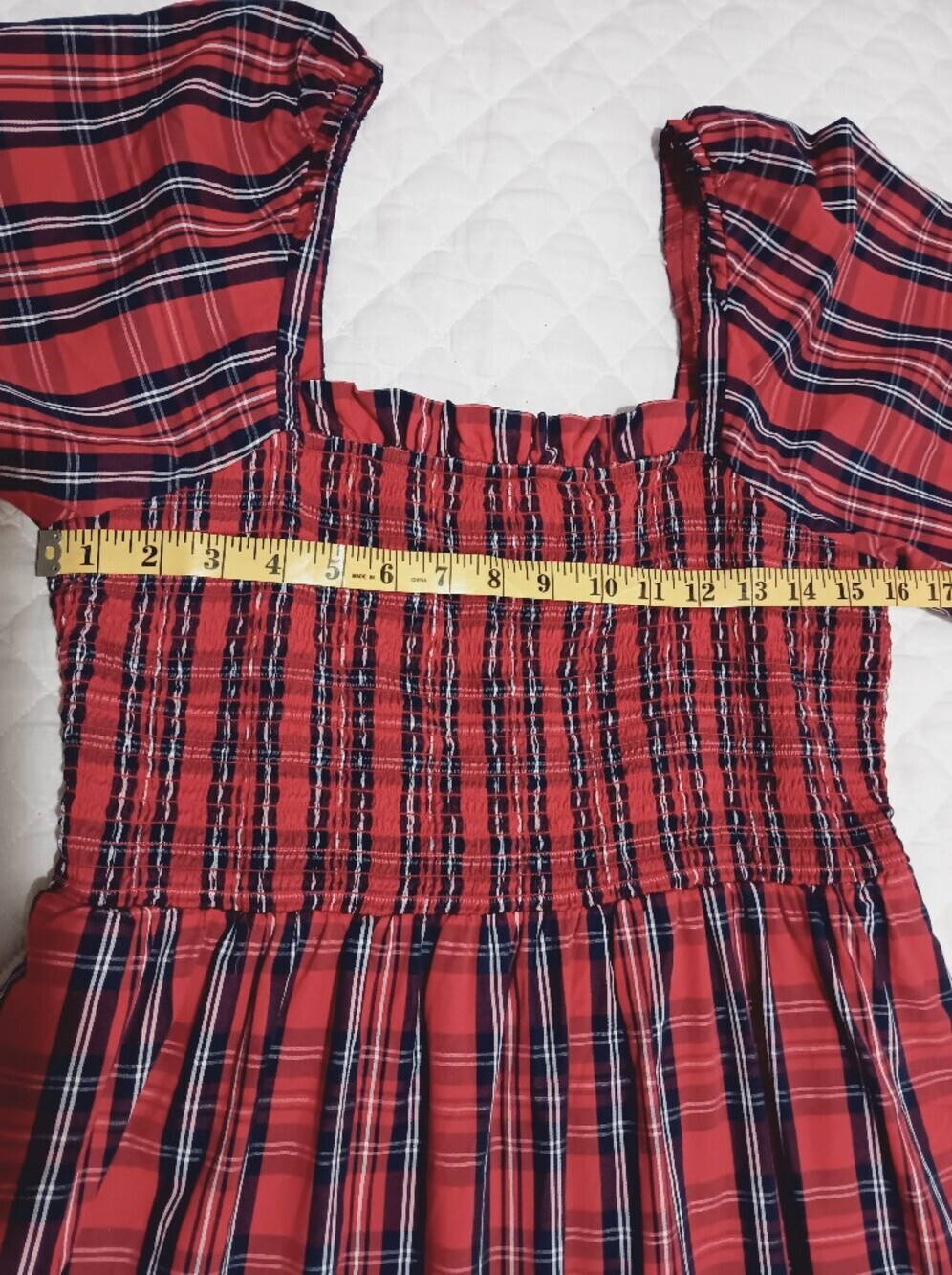 DRAPR JAMES Red Plaid Smocked Midi Dress  Size L - Picture 9 of 12